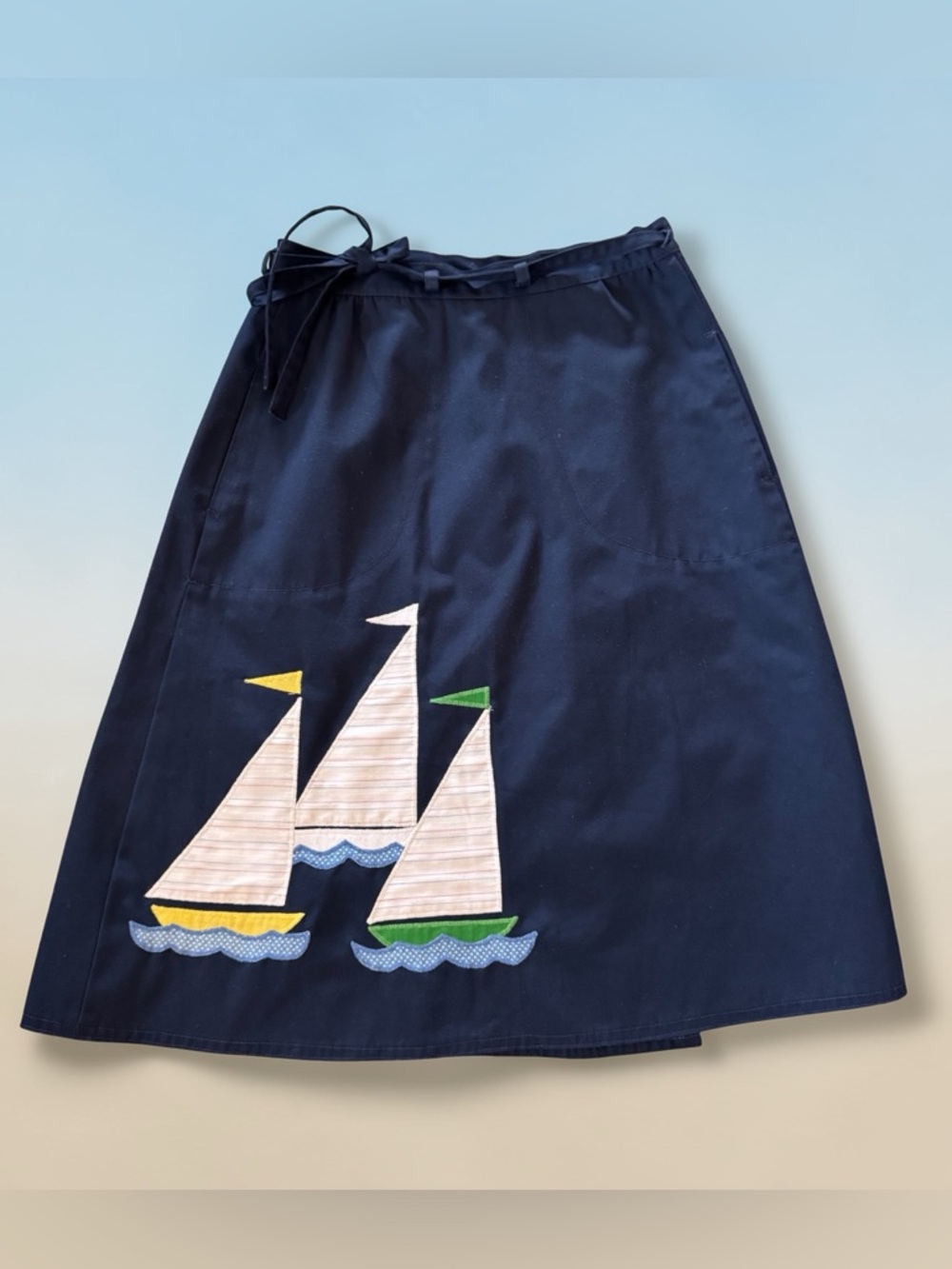 Vtg 70’s Sailboat Appliqué Navy Wrap Skirt Sz M Midi Nautical Handmade Cottage
